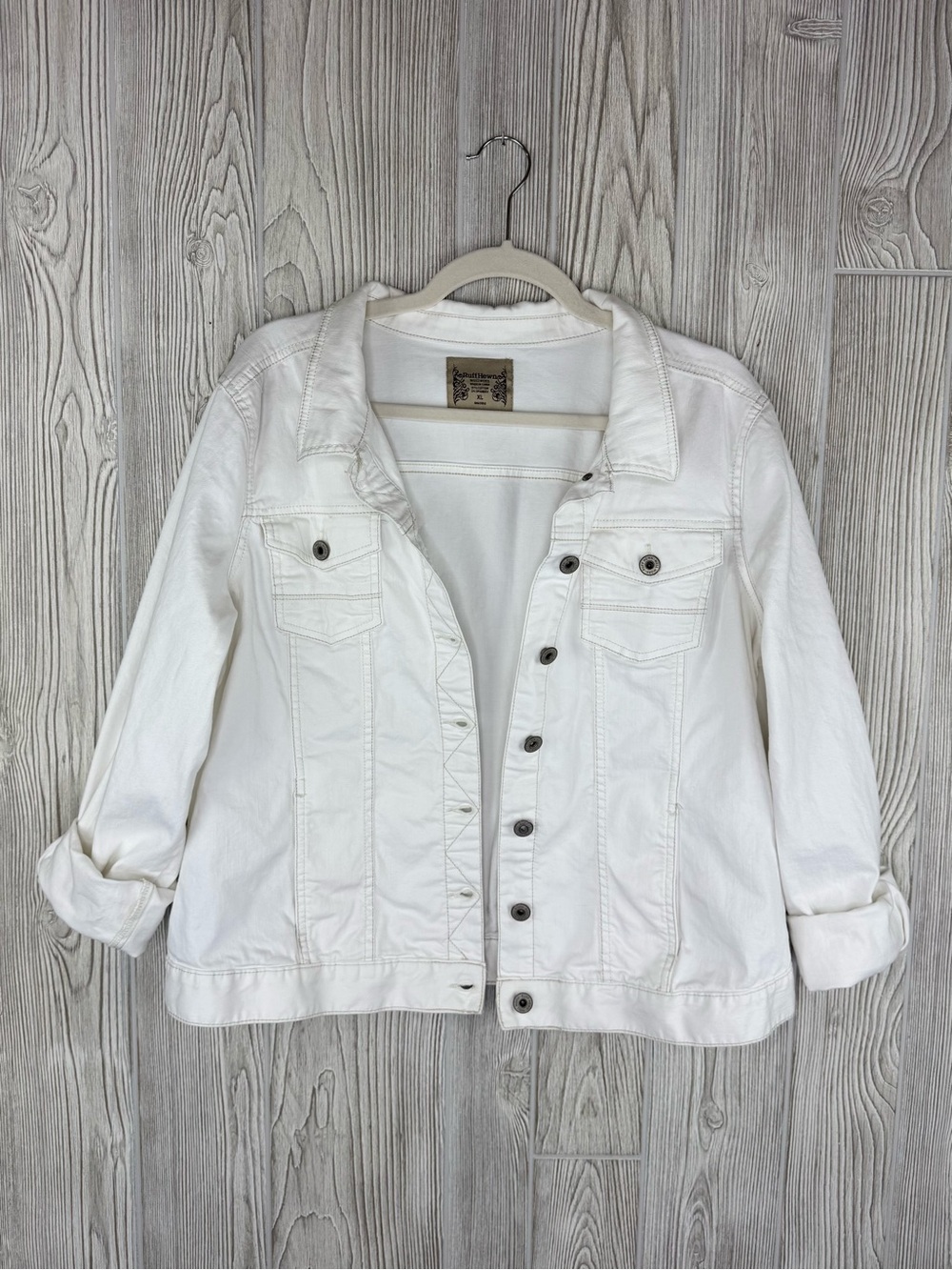 Vintage Ruff Hewn White Denim Jacket XL Y2K Button Up Cotton Jean Coat 90s Retro